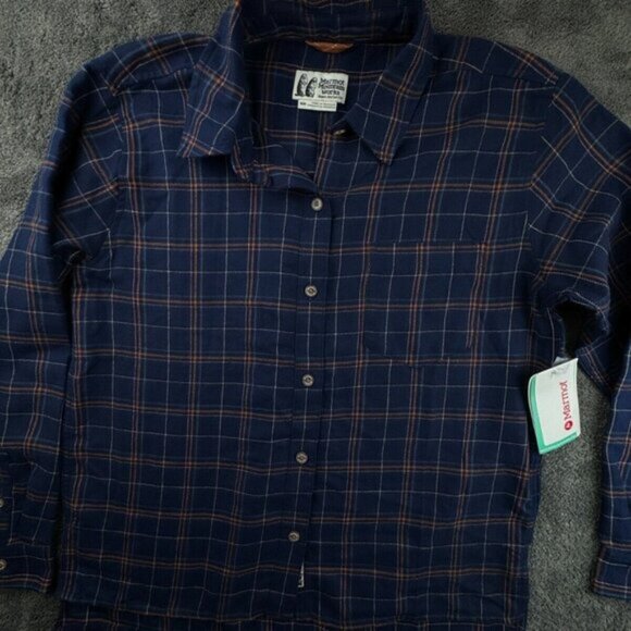 Marmot Women's Fairfax Midweight Boyfriend Flannel Shirt Blue Check Button Up - Picture 1 of 11